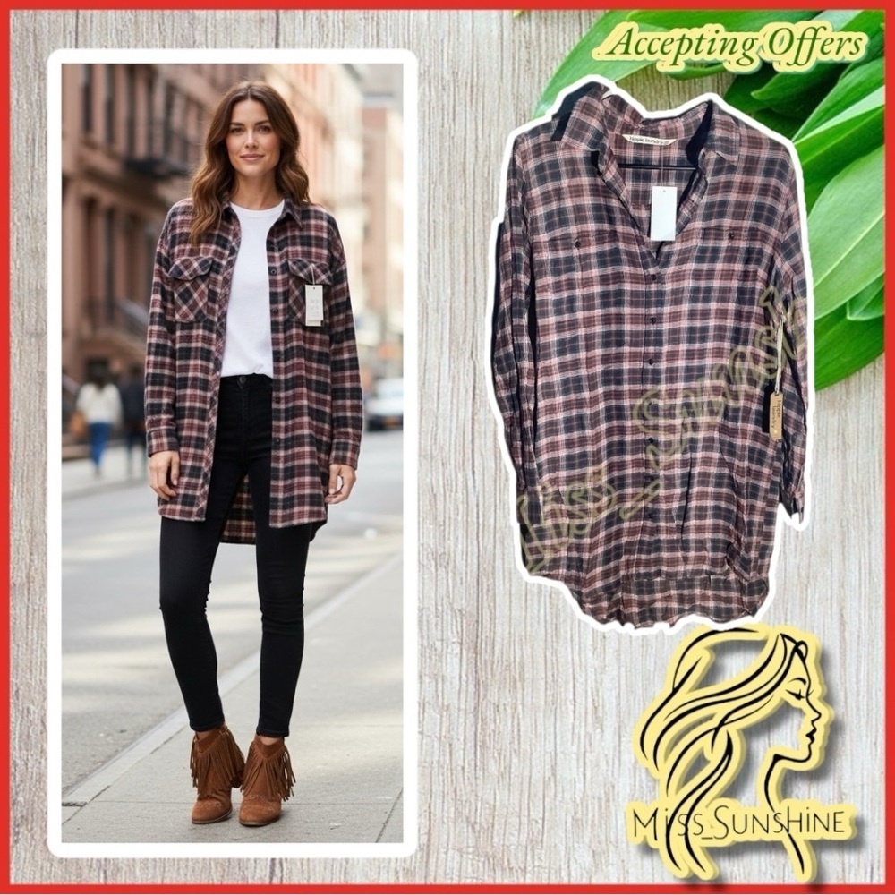 Hippie Laundry NEW - Sz M - plaid long shirt hi low cut - button down cardigan